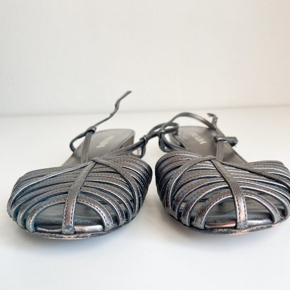 Prada Metallic Mini Wedge Closed Toe Strappy Sandals, Size 36.5 Womens - Picture 4 of 13